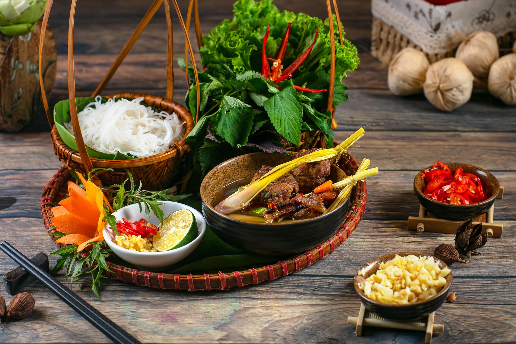 Hanoi bún chả with grilled pork and rice noodles